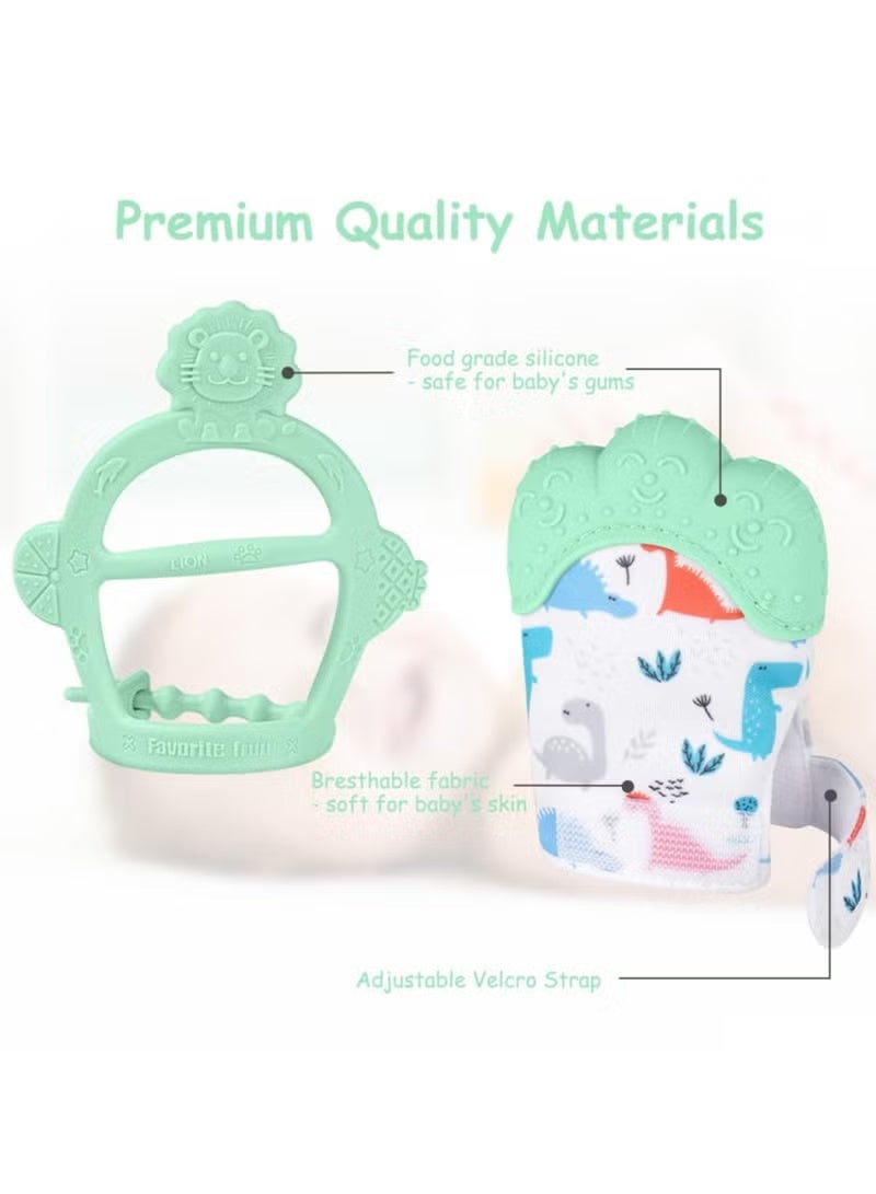 ColaBear 2Pcs Silicone Teething Mitten Set, Baby Teething Toy with Lion & Dinosaur Pattern, Toddler Teething Gloves with Adjustable Strap, Crinkle Sound, Self Soothing Baby Chew Toys for Infants (Green) - Image 4